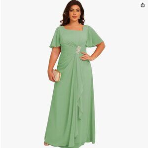 NWT Sage Green Chiffon Mother of The Bride Dress Flutter Short Sleeves - Size 8
